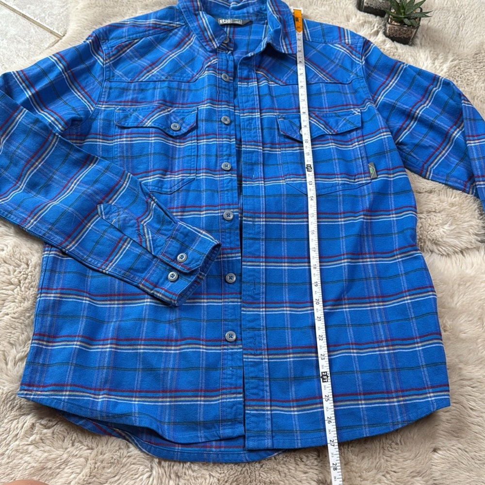 Stio Junction Midweight Flannel Shirt Plaid Small Organic Cotton Blue - Picture 10 of 12